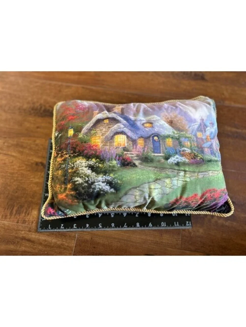 Thomas Kinkade Throw Pillow with Cottage Landscape Print and Green Backing